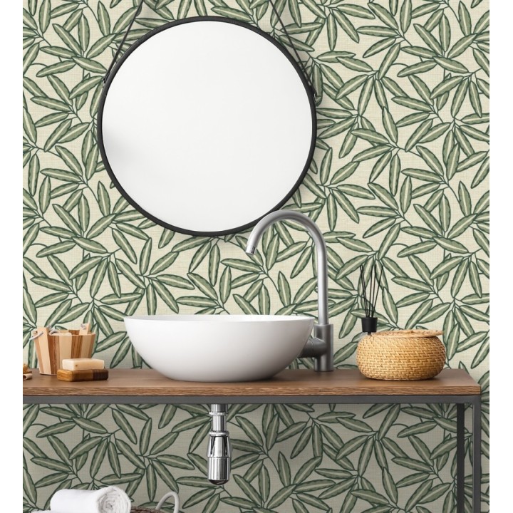 Papel pintado de hojas de bambú verde sobre rafia natural beige claro - Drava Twilled 684240