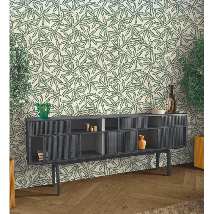 Papel pintado de hojas de bambú verde sobre rafia natural beige claro - Drava Twilled 684240