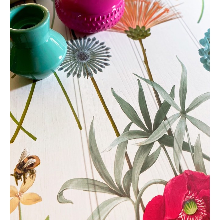 Papel pintado flores botánicas sobre maderas blanca amapolas fucsias - Bidasoa Sunlit 684241