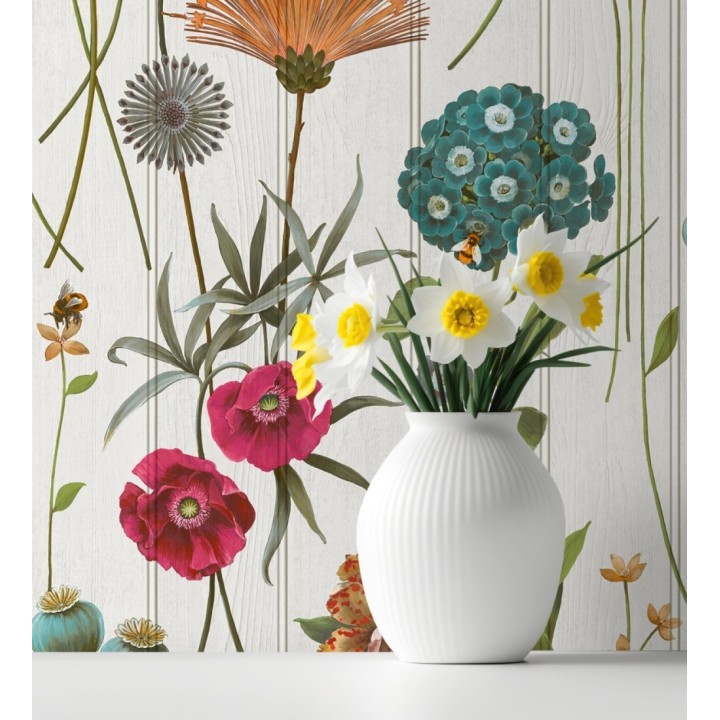 Papel pintado flores botánicas sobre maderas blanca amapolas fucsias - Bidasoa Sunlit 684241