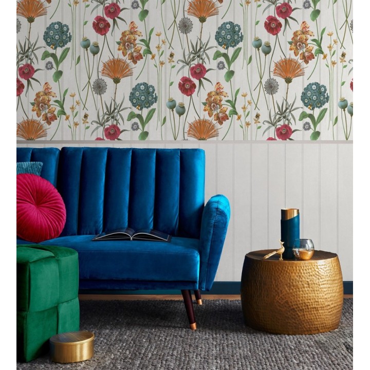 Papel pintado flores botánicas sobre maderas blanca amapolas fucsias - Bidasoa Sunlit 684241