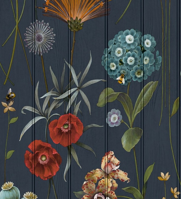 Papel pintado flores botánicas sobre maderas azules amapolas rojas - Bidasoa Sunlit 684242