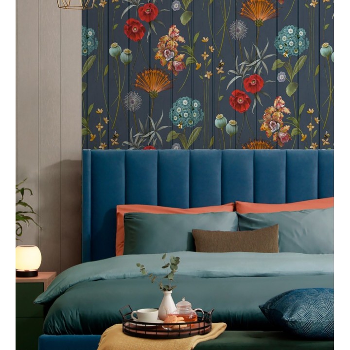 Papel pintado flores botánicas sobre maderas azules amapolas rojas - Bidasoa Sunlit 684242