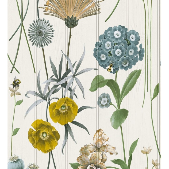 Papel pintado flores botánicas sobre maderas blancas amapolas amarillas - Bidasoa Sunlit 684243