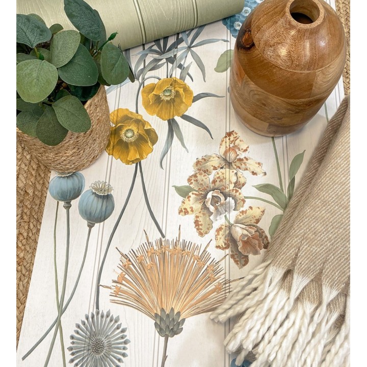 Papel pintado flores botánicas sobre maderas blancas amapolas amarillas - Bidasoa Sunlit 684243