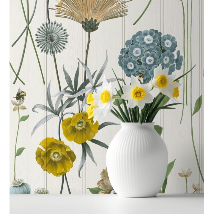 Papel pintado flores botánicas sobre maderas blancas amapolas amarillas - Bidasoa Sunlit 684243