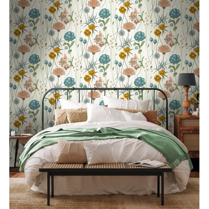 Papel pintado flores botánicas sobre maderas blancas amapolas amarillas - Bidasoa Sunlit 684243