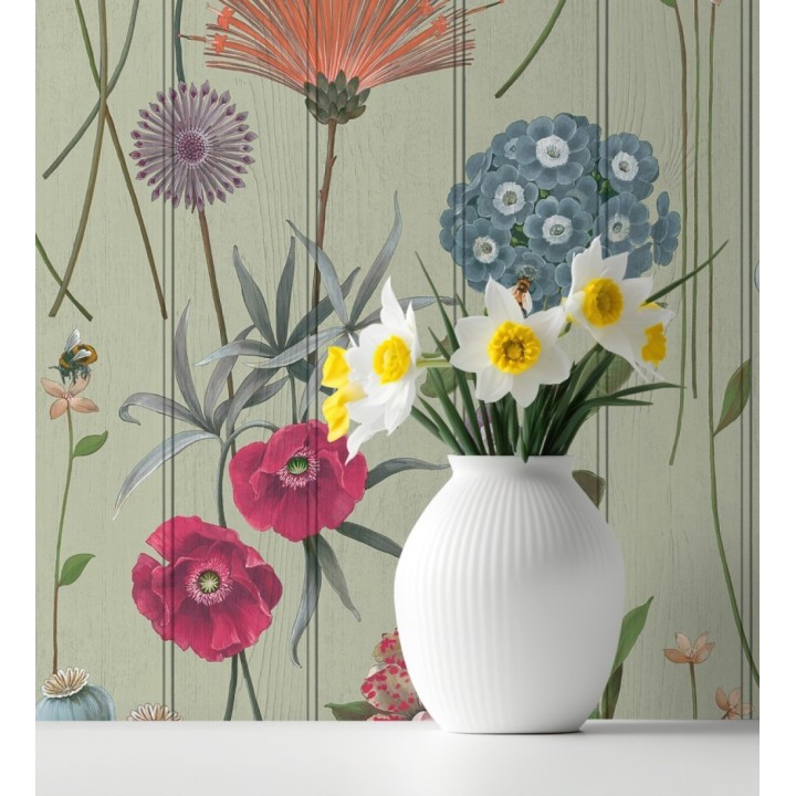 Papel pintado flores botánicas sobre maderas verdes amapolas fucsias - Bidasoa Sunlit 684244