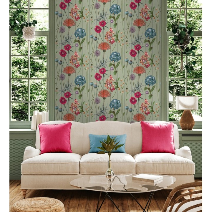 Papel pintado flores botánicas sobre maderas verdes amapolas fucsias - Bidasoa Sunlit 684244