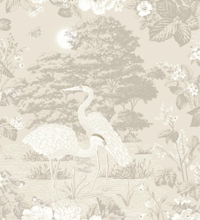 Papel pintado garzas toile en beige y gris suave - Kyoto Sanctuary 684245
