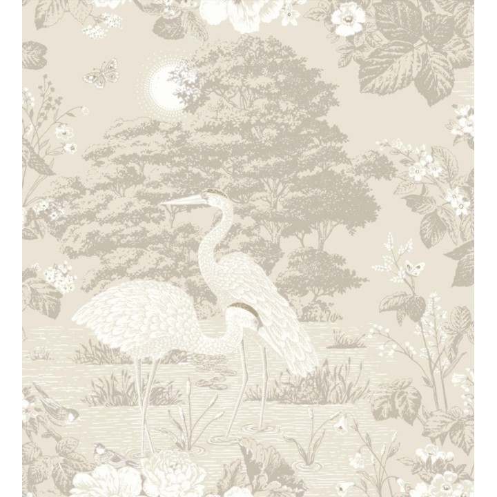 Papel pintado garzas toile en beige y gris suave - Kyoto Sanctuary 684245