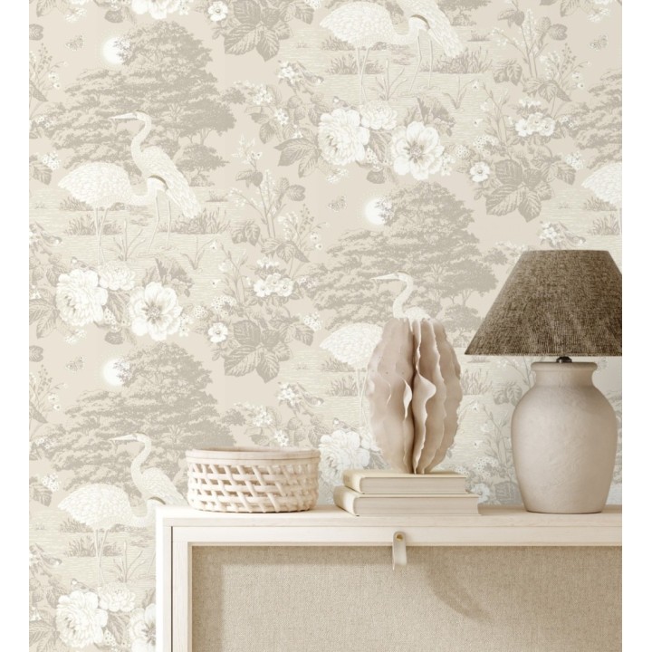 Papel pintado garzas toile en beige y gris suave - Kyoto Sanctuary 684245