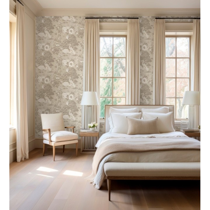 Papel pintado garzas toile en beige y gris suave - Kyoto Sanctuary 684245