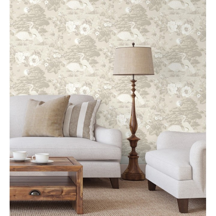 Papel pintado garzas toile en beige y gris suave - Kyoto Sanctuary 684245