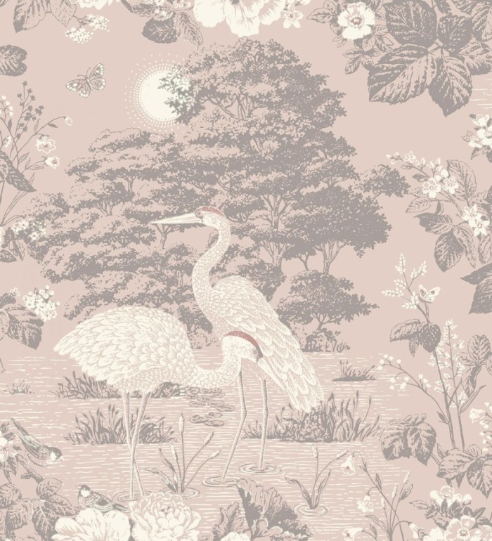 Papel pintado garzas toile en rosa empolvado y gris - Kyoto Sanctuary 684248