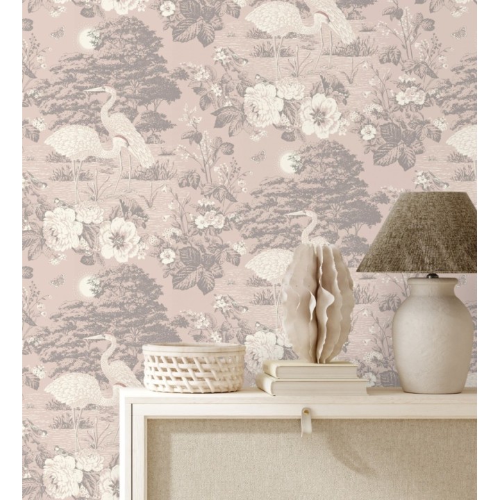 Papel pintado garzas toile en rosa empolvado y gris - Kyoto Sanctuary 684248