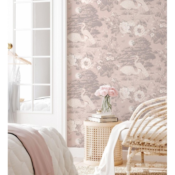 Papel pintado garzas toile en rosa empolvado y gris - Kyoto Sanctuary 684248