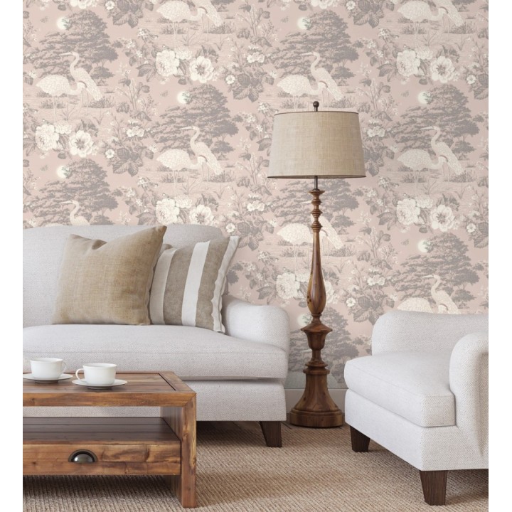 Papel pintado garzas toile en rosa empolvado y gris - Kyoto Sanctuary 684248
