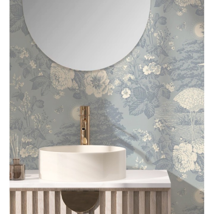 Papel pintado garzas toile en azul pastel - Kyoto Sanctuary 684249