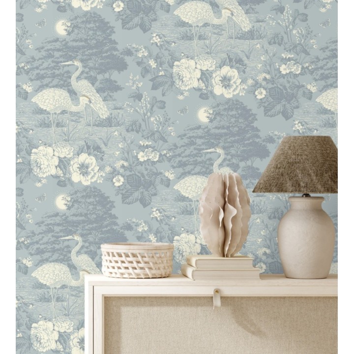 Papel pintado garzas toile en azul pastel - Kyoto Sanctuary 684249