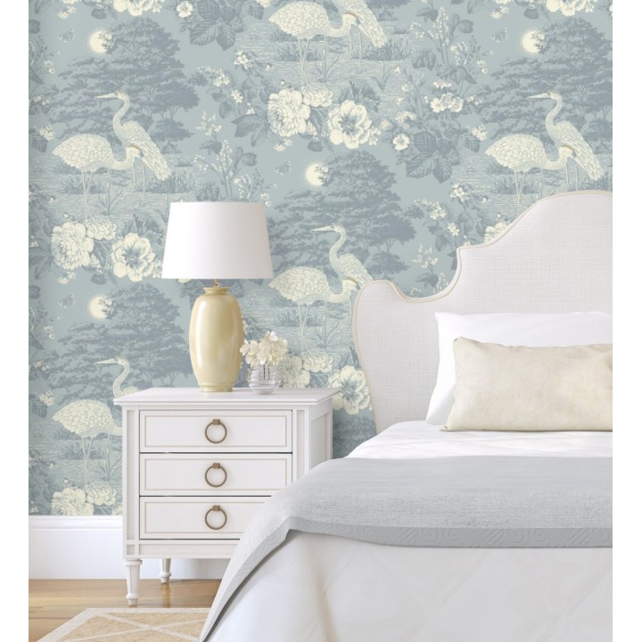 Papel pintado garzas toile en azul pastel - Kyoto Sanctuary 684249