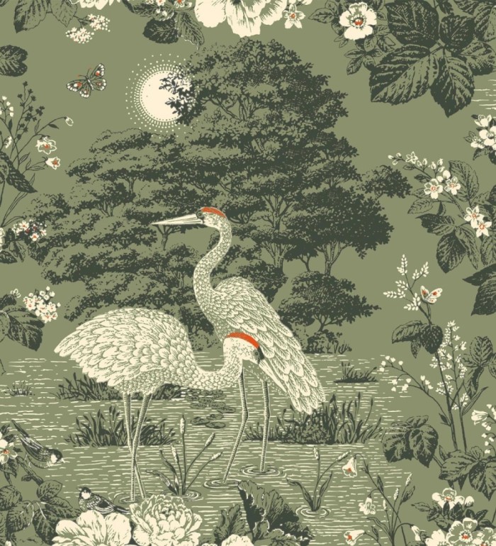 Papel pintado garzas toile de Jouy en beige y gris suave - Kyoto Sanctuary 684250