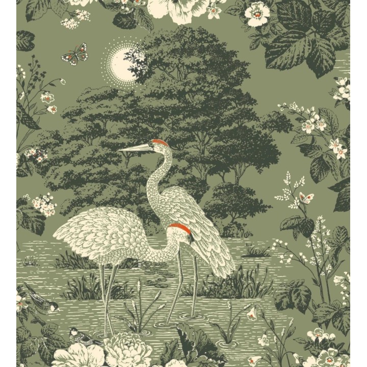Papel pintado garzas toile de Jouy en beige y gris suave - Kyoto Sanctuary 684250