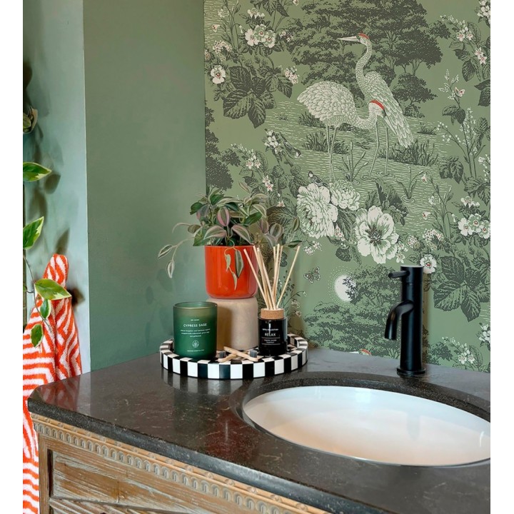 Papel pintado garzas toile de Jouy en beige y gris suave - Kyoto Sanctuary 684250