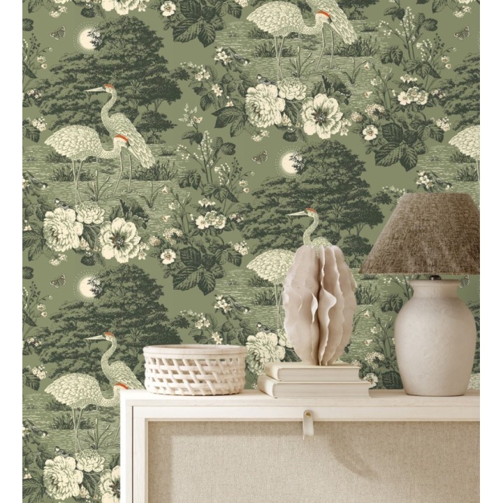 Papel pintado garzas toile de Jouy en beige y gris suave - Kyoto Sanctuary 684250