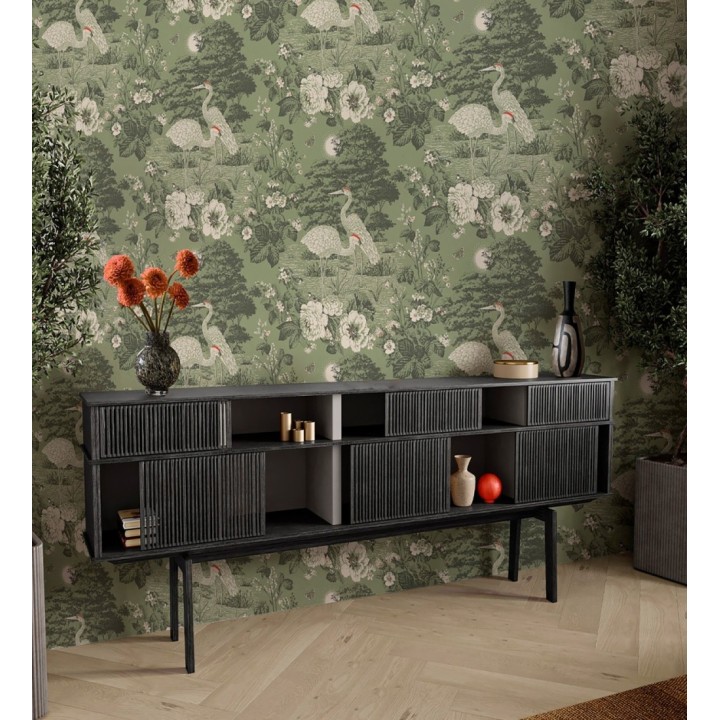 Papel pintado garzas toile de Jouy en beige y gris suave - Kyoto Sanctuary 684250