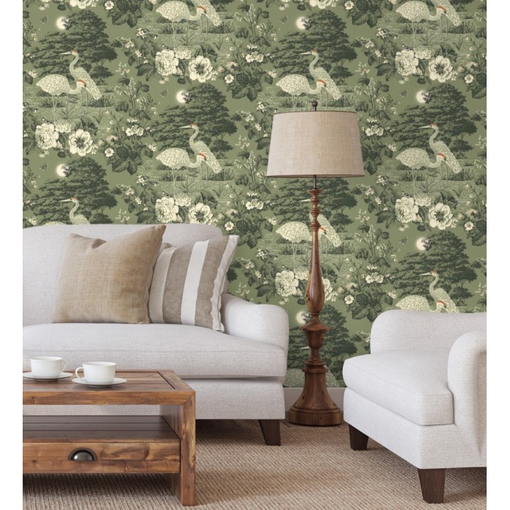 Papel pintado garzas toile de Jouy en beige y gris suave - Kyoto Sanctuary 684250