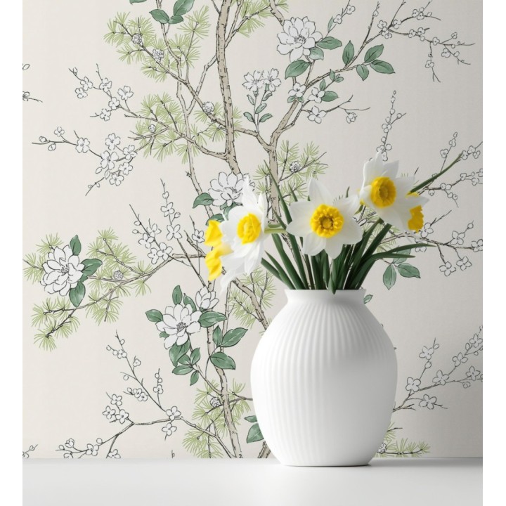 Papel pintado de naturaleza zen con flores y pino oriental fondo crema - Adachi Blossom 684251