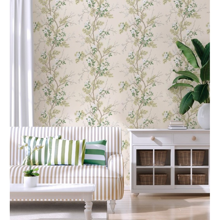 Papel pintado de naturaleza zen con flores y pino oriental fondo crema - Adachi Blossom 684251