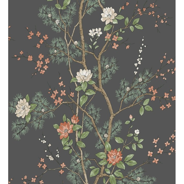 Papel pintado de naturaleza zen con flores y pino oriental fondo negro - Adachi Blossom 684252