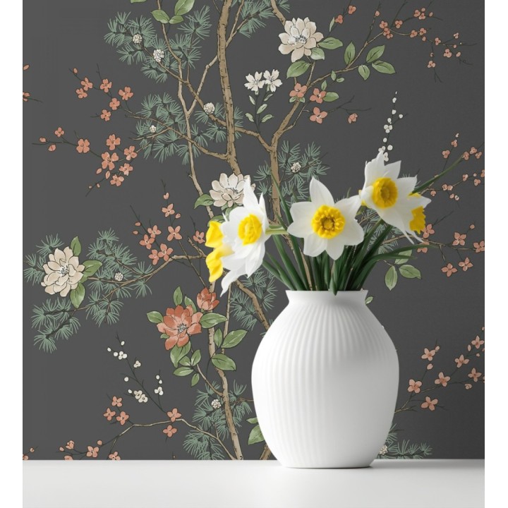 Papel pintado de naturaleza zen con flores y pino oriental fondo negro - Adachi Blossom 684252