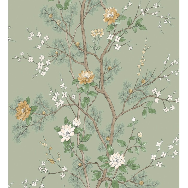 Papel pintado de naturaleza zen con flores y pino oriental fondo verde - Adachi Blossom 684253
