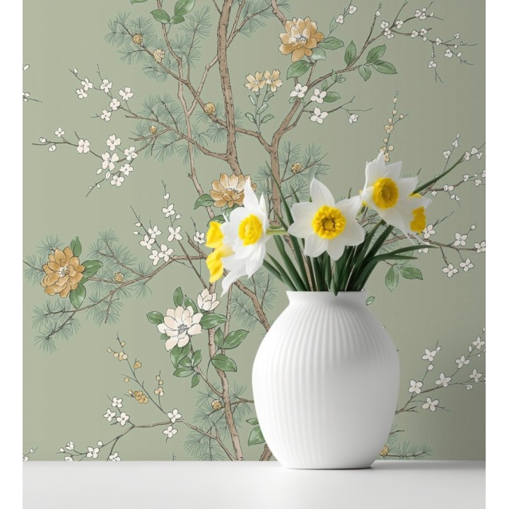 Papel pintado de naturaleza zen con flores y pino oriental fondo verde - Adachi Blossom 684253