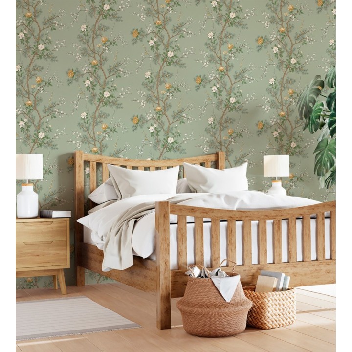 Papel pintado de naturaleza zen con flores y pino oriental fondo verde - Adachi Blossom 684253