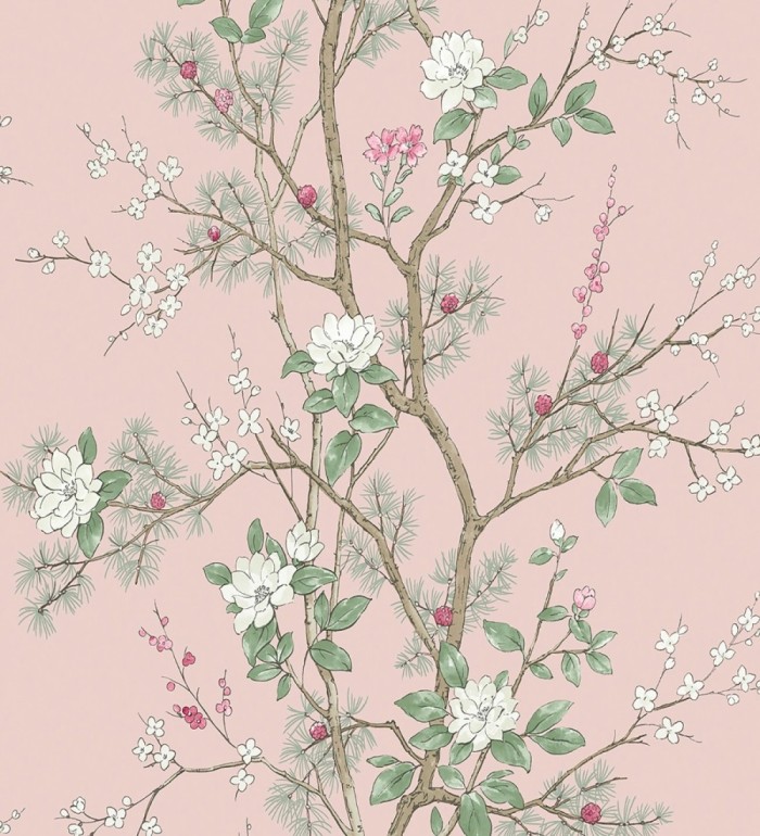 Papel pintado de naturaleza zen con flores y pino oriental fondo rosa - Adachi Blossom 684254