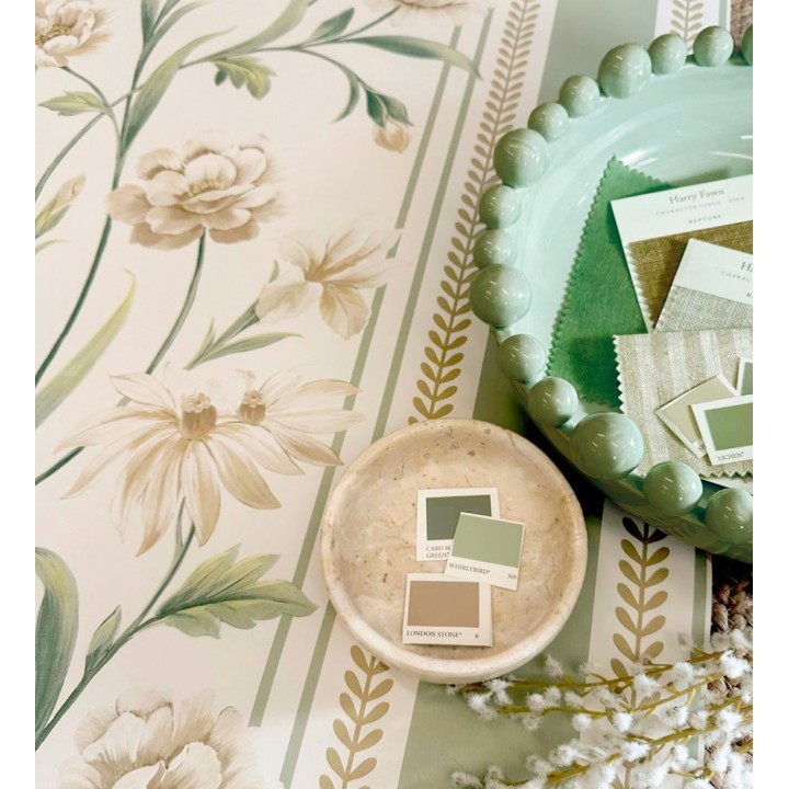 Papel pintado clásico de peonías y rayas fondo color crema - Briseida Serenity 684255