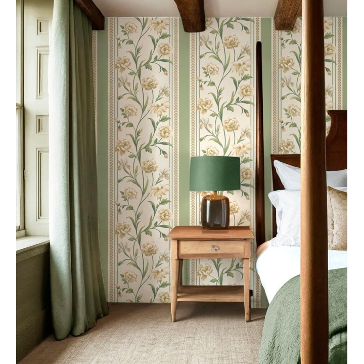 Papel pintado clásico de peonías y rayas fondo color crema - Briseida Serenity 684255