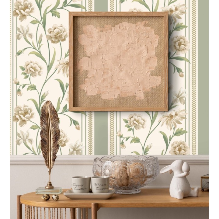 Papel pintado clásico de peonías y rayas fondo color crema - Briseida Serenity 684255