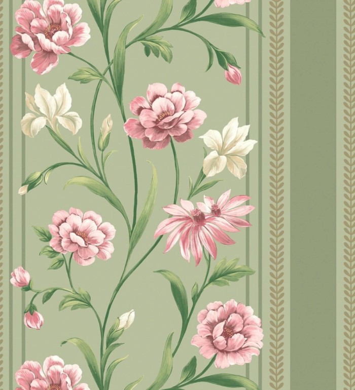 Papel pintado clásico de peonías y rayas fondo verde helecho - Briseida Serenity 684256