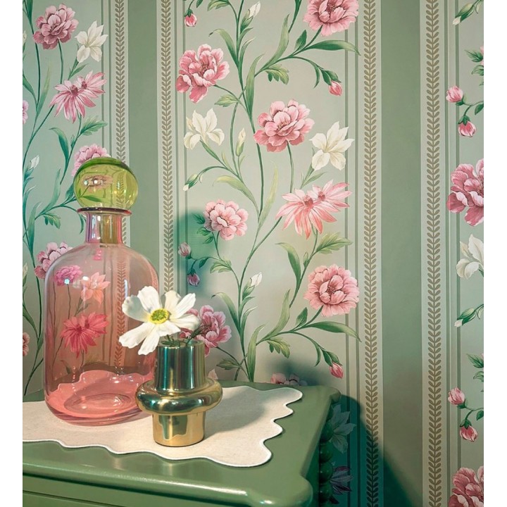 Papel pintado clásico de peonías y rayas fondo verde helecho - Briseida Serenity 684256