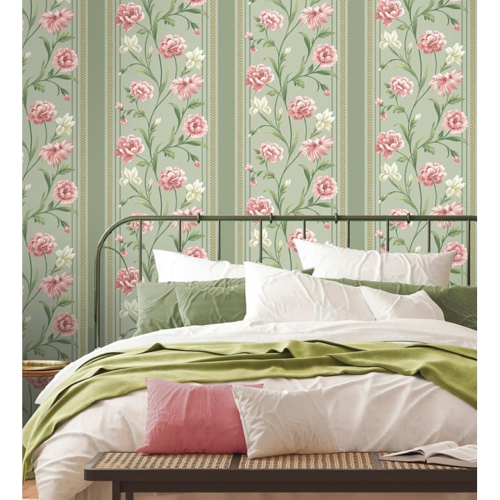 Papel pintado clásico de peonías y rayas fondo verde helecho - Briseida Serenity 684256