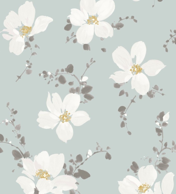 Papel pintado flores blancas grandes fondo celeste aguamarina - Ivory Flowers 126461