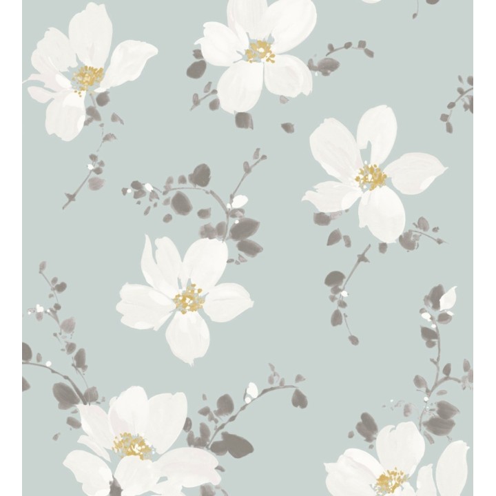 Papel pintado flores blancas grandes fondo celeste aguamarina - Ivory Flowers 126461