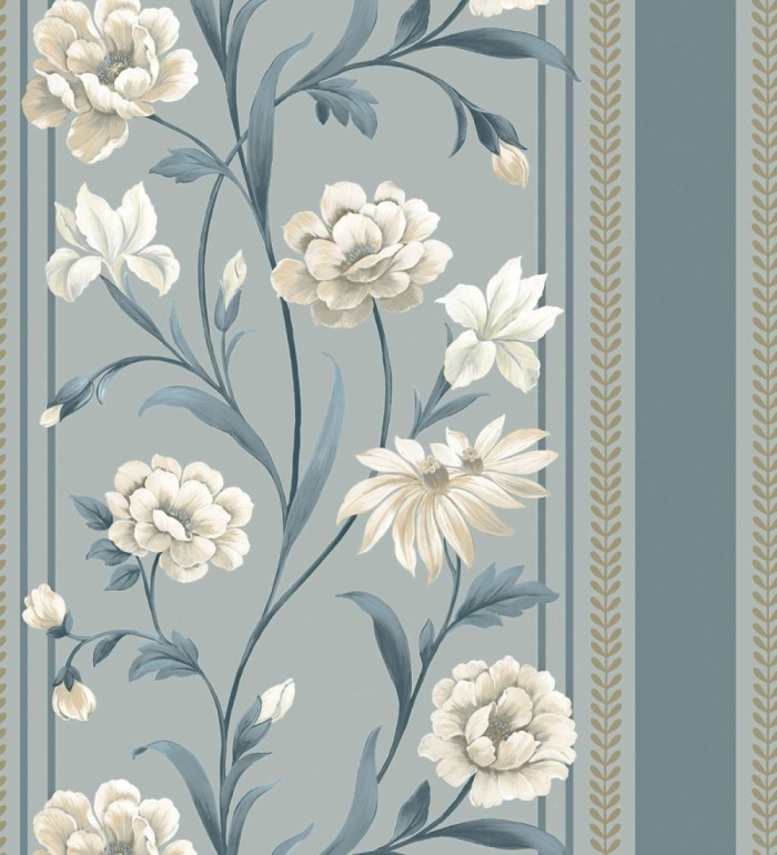 Papel pintado clásico de peonías y rayas fondo azul acero - Briseida Serenity 684257
