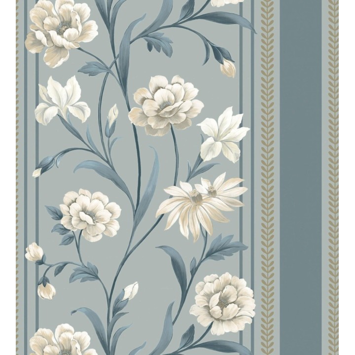 Papel pintado clásico de peonías y rayas fondo azul acero - Briseida Serenity 684257