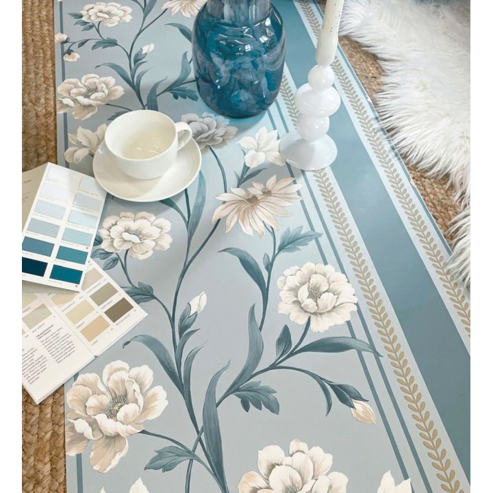 Papel pintado clásico de peonías y rayas fondo azul acero - Briseida Serenity 684257